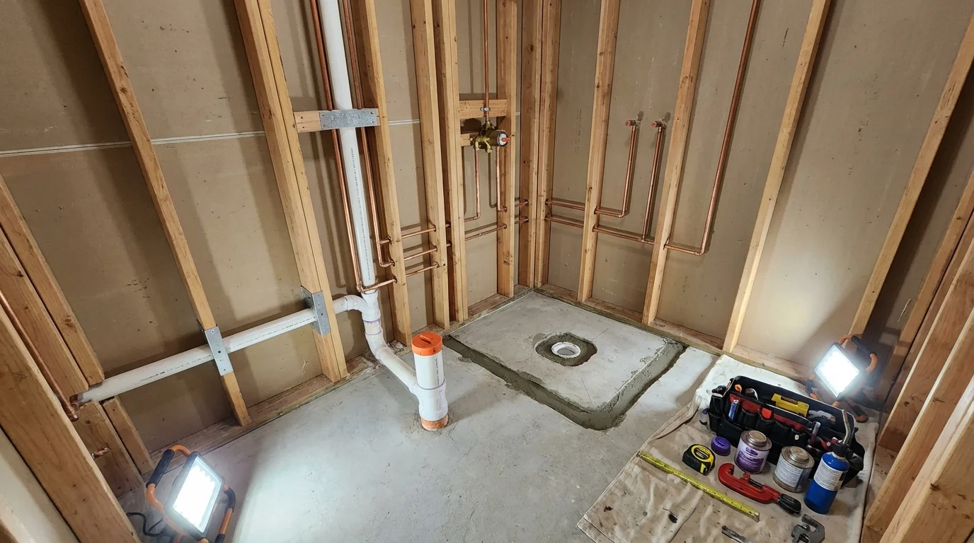 Bathroom rough-in plumbing during remodel by Johns Plumbing LLC in Atoka