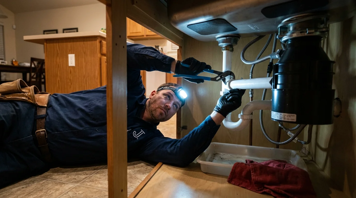 P-trap and supply line connections under a kitchen sink showing a common leak point in Atoka, TN